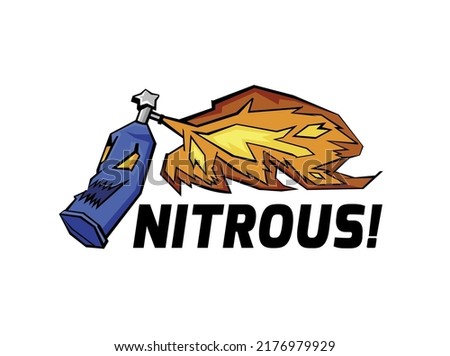 Nitrous Oxide System. NO2 bottle with burning fuel. Engine power increasing. Fire in a motor. Editable vector illustration in funny cartoon style useful for logo design, print, web materials creation