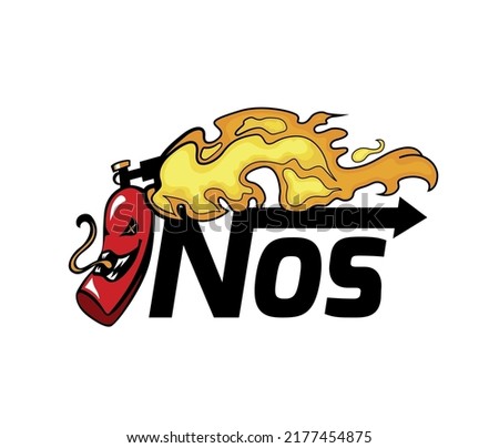 Nitrous Oxide System. NO2 bottle with burning fuel. Engine power increasing. Fire in a motor. Editable vector illustration in funny cartoon style useful for logo design, print, web materials creation