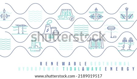 Hydroelectric, tidal, wave power stations. Water-power plants concept. Renewable energy source. Brand identity. Editable vector illustration in modern outline style isolated on a white background.