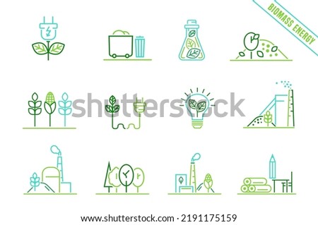 Biomass power station icons set. Thermal powerplant pictograms. Renewable energy source. Editable vector illustration in modern outline style isolated on a white background.