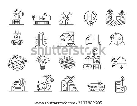 Green hydrogen production. Renewable energy source. Ecological energy. Zero emissions. Ecology, global warming signs set, icons collection. Editable vector illustration. Scientific H2 pictogram