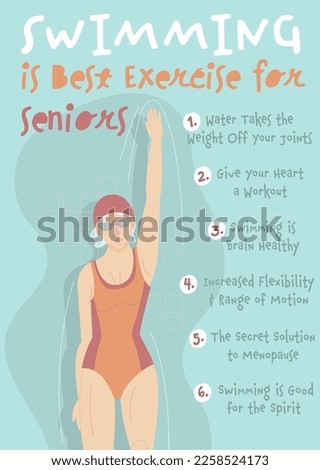 Swimming for seniors. Active old woman going in for sports. Training program for pensioners. Health, fitness and wellbeing. Editable vector illustration on a blue background