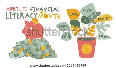 Financial literacy month. National event. Business success, personal finance education concept. Reviewing your attitude towards finances. Poster, print, banner. Vector illustration in flat style