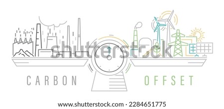 Carbon offset compensation to reduce CO2 greenhouse gas. Outline infographics, diagram. Neutral environment concept. Editable vector illustration isolated on white background. Landscape poster, banner