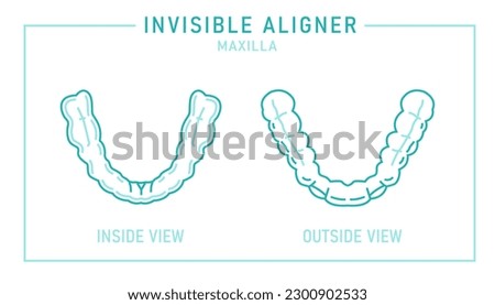 Orthodontic silicone trainer. Invisible braces aligner, retainer. Medical scheme. Inside and outside view. Lower jaw. Horizontal poster.
Editable vector illustration isolated on a white background.
