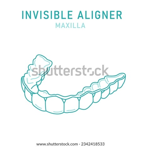 Orthodontic silicone trainer. Invisible braces aligner, retainer. Medical scheme. Outside view. Upper jaw. Maxilla. Horizontal poster. Editable vector illustration isolated on a white background.