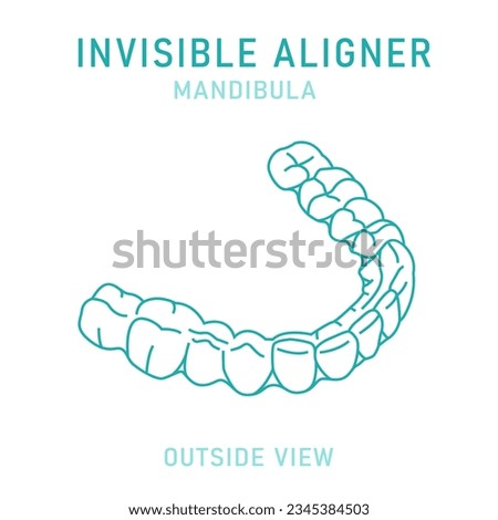 Orthodontic silicone trainer. Invisible braces aligner, retainer. Medical scheme. Outside view. Under jaw. Mandibula. Horizontal poster. Editable vector illustration isolated on a white background.