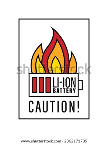 Dangerous lithium-ion batteries. Over-charging risk. Spontaneous combustion. Linear poster, banner, graphic element. Editable vector illustration in yellow, red, black colors on a white background
