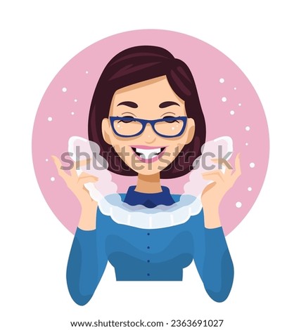 Orthodontic silicone trainer. Invisible braces retainer. Medical concept. Woman holding big aligner. Upper jaw. Flat cartoon style. Editable vector illustration isolated on a white background.