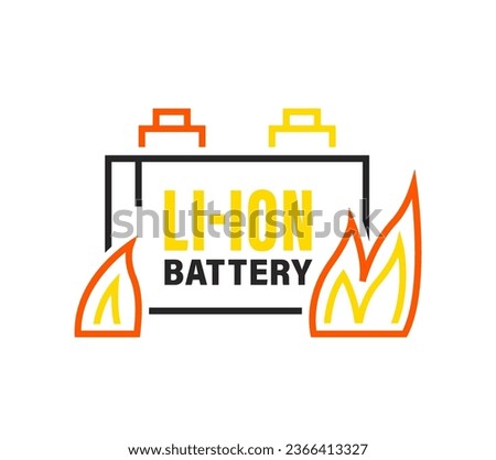 Dangerous lithium-ion batteries. Over-charging risk. Spontaneous combustion. Linear symbol, sign, graphic element. Vector illustration in black, yellow, orange colors isolated on a white background