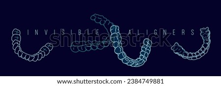 Orthodontic silicone trainer. Invisible braces aligner poster. Medical banner in outline style. Outside, inside view. Upper, lower jaw. Editable vector illustration on a dark blue background
