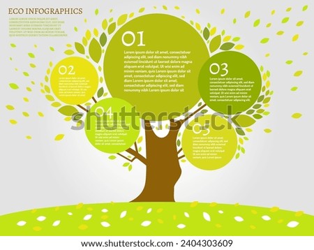 Beautiful bio infographics with leaves and tree. Ecology, biology concept. Environment and sustainable development. Editable vector image. Ideal as a brochure, leaflet or presentation design template