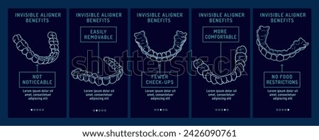 Orthodontic silicone trainer vertical banner. Invisible braces retainer ad. Medical web concept. Aligner pros, cons. Upper, lower  jaw.  Editable vector illustration isolated on a dark background