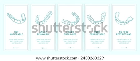 Orthodontic silicone trainer vertical banner. Invisible braces retainer ad. Medical web concept. Aligner advantages. Upper, lower  jaw.  Editable vector illustration isolated on a light background
