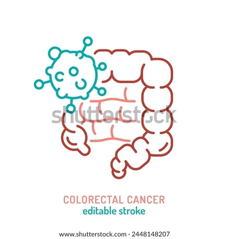 Colorectal carcinoma, adenocarcinoma outline icon. Malignant cell growth sign. Medical, healthcare line pictogram. Colon cancer awareness. Editable vector illustration isolated on a white background