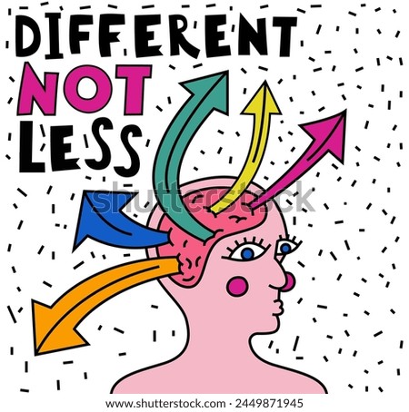 Minds of all kinds. Human mind, experience diversity. Neurodiversity, autism acceptance. Differences in personality characteristics. An inclusive, understanding society. Colorful vector illustration