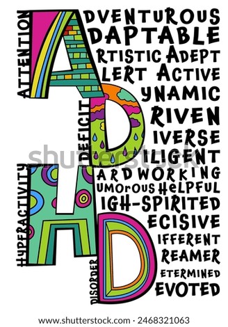 ADHD concept. Attention Deficit Hyperactivity Disorder web banner. Creative lettering. Vertical poster, print. Editable vector illustration in colorful pop art style isolated on a white background