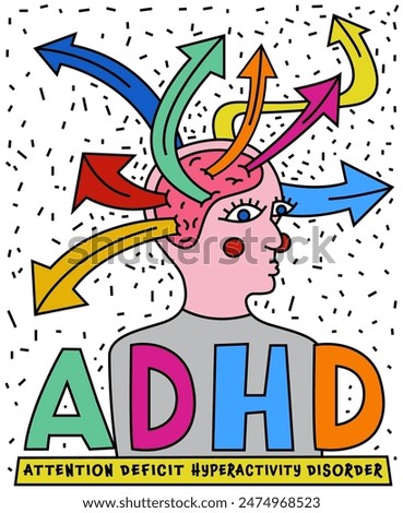 ADHD concept. Attention Deficit Hyperactivity Disorder web banner. Creative lettering. Vertical poster, print. Editable vector illustration in colorful pop art style isolated on a white background