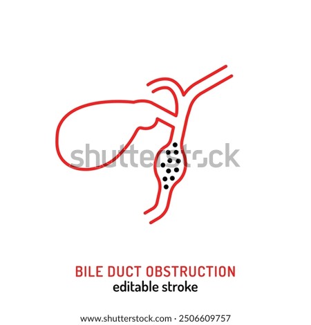 Bile duct obstruction icon in outline style. Cholangitis linear pictogram. Medical concept. Editable stroke. Vector illustration isolated on a white background