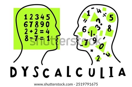 Dyscalculia concept. Math disability banner. Number dyslexia landscape poster. Arithmetic disorder horizontal print. Editable vector illustration in pop art style isolated on a white background.