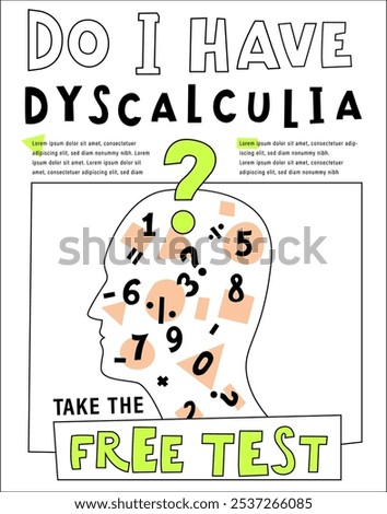 Do I have dyscalculia concept. Math disability banner. Number dyslexia vertical poster. Arithmetic disorder portrait print. Editable vector illustration in pop art style isolated on a white background