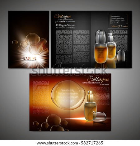 Vector cosmetic brochure template. Modern creative idea with premium flacons for poster, print, flyer, booklet, brochure and leaflet design. Editable graphic illustration in black and gold colours.