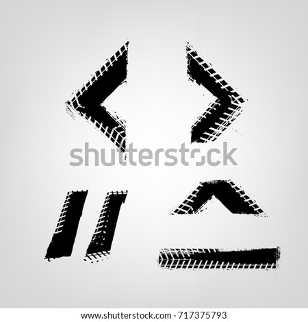 Grunge tire glyphs. Unique off road isolated lettering in a black colour on a light grey background. Vector illustration. Creative typography collection.