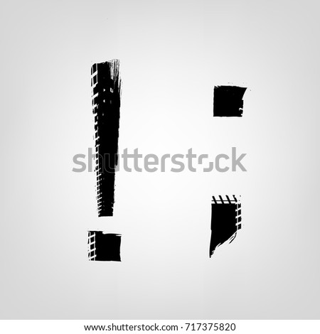 Grunge tire glyphs. Exclamation point, semicolon. Unique off road isolated lettering in a black colour on a light grey background. Vector illustration. Creative typography collection.