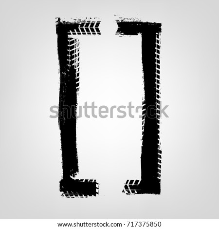 Grunge tire glyphs. Square brackets. Unique off road isolated lettering in a black colour on a light grey background. Vector illustration. Creative typography collection.