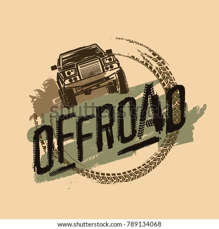 Off-road logo. Extreme competition emblem. Off-roading suv adventure and car club elements. Beautiful vector illustration with unique textured lettering isolated on a light beige background. 