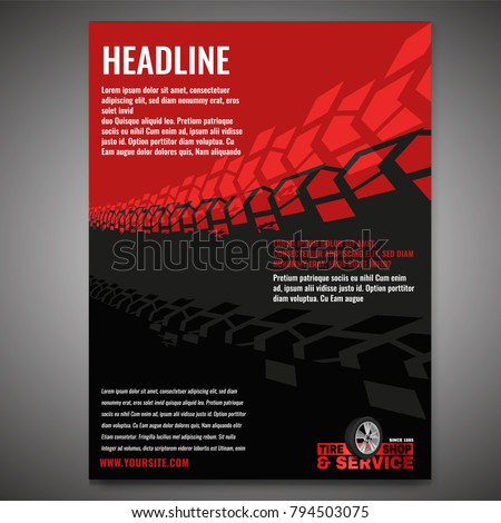 Vector automotive banner template. Grunge tire tracks background for landscape poster, digital banner, flyer, booklet, brochure and web design. Editable graphic image in grey and red colors