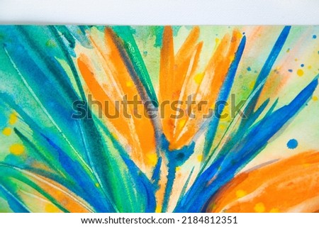 Bouquet of orange flowers in a white vase watercolor painting. Bright blue shadows on the table. Matisse style fauvism