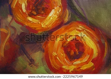 Bouquet of orange roses in a oil painting. Bright blue shadows on the table. Matisse style 