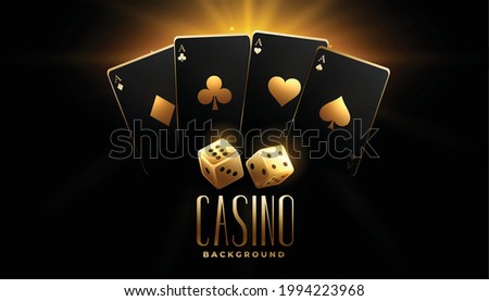black and golden casino cards with dice background