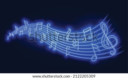 musical pentagram sound waves notes in blue neon style