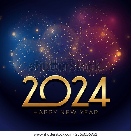 golden 2024 new year lettering background with firework decoration vector