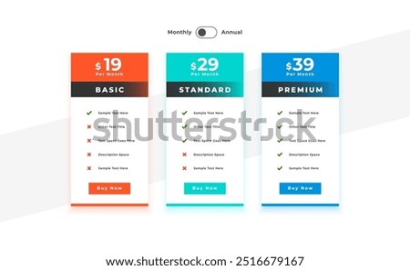 3 column web business pricing chart layout design vector