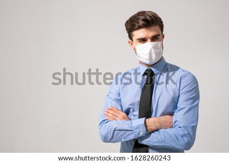 Similar – Image, Stock Photo Man with face mask and gloves looking out the window