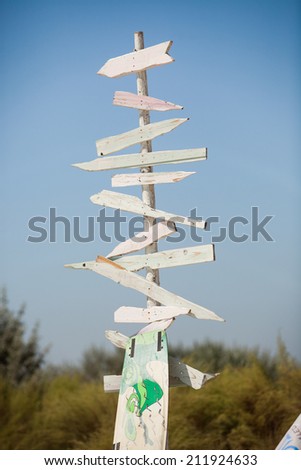 An old wooden signpost with blank arrows for you to add your own text