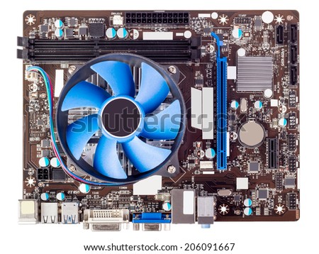 Computer motherboard isolated on white background with CPU cooler