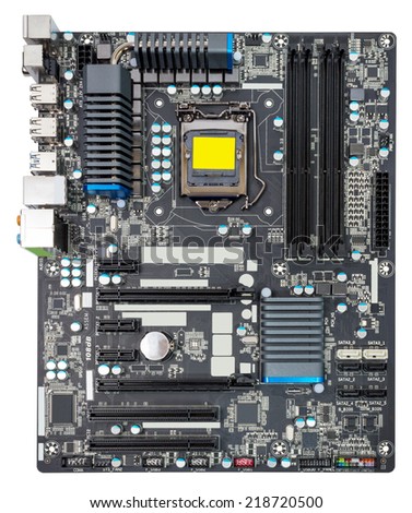Computer motherboard isolated on white background without CPU cooler