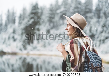 Similar – Image, Stock Photo Snow adventure young woman with backpack