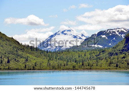 Alaska landscape lake, mountains and forest