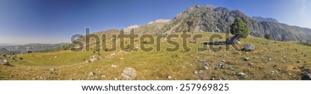 Scenic panorama of picturesque mountain range in Kyrgyzstan
