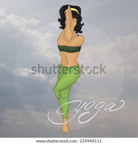 Yoga. asanas. Hatha yoga. Girl yogi. Gorudasana. Against the sky.