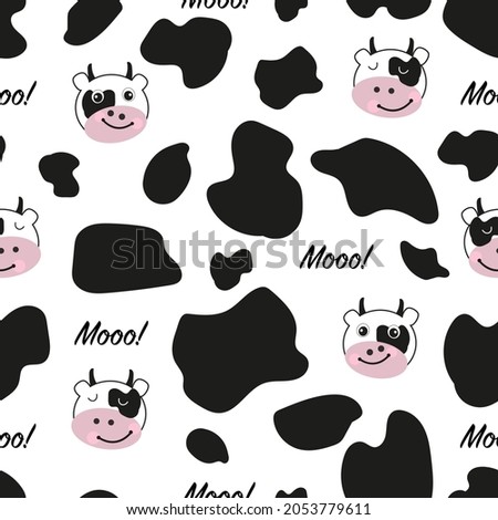 Cute cow Moo face black white background seamless for textile design pattern