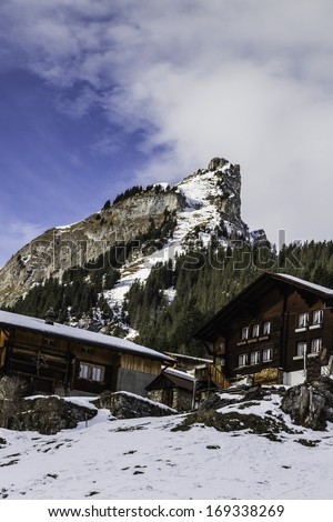 Mountain chalet with snow in winter