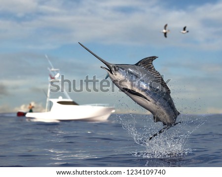Big game fishing time, big swordfish marlin  jumped hooked by sport fishing angler, fishing boat 3d render
