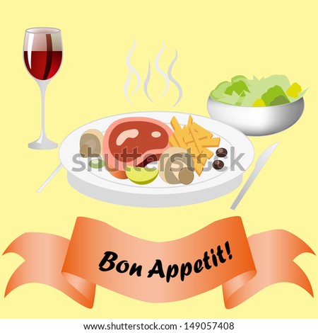 Illustration of delicious food and wine with the text of Bon Appetit