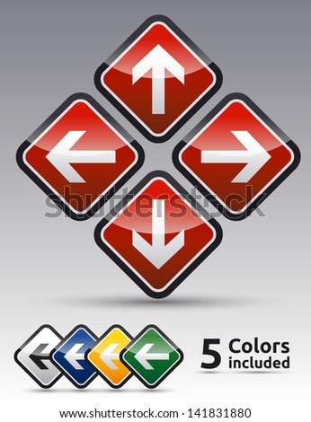 Isolated vector Danger arrow sign collection with black border, reflection and shadow on background